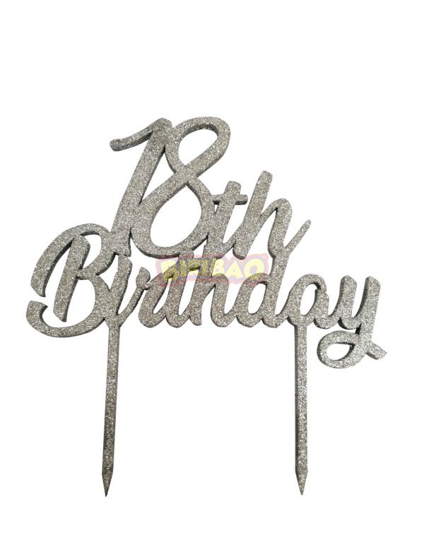 Cake Topper in Legno con Glitter Argento - 18th Birthday